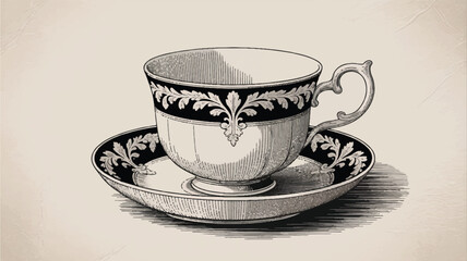 A detailed black and white engraving of an ornate vintage teacup and saucer set.  
