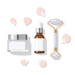 Luxury skincare set with jar, serum, and jade roller, perfect for beauty, wellness, and spa branding