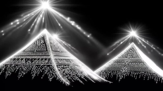 Geometric illuminated pyramids in black and white with starburst effects