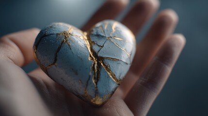 Kintsugi Heart in hand: A delicate heart sculpture, its fractures artfully mended with gold, rests gently in an outstretched palm. An emotional visual tale of resilience, healing.