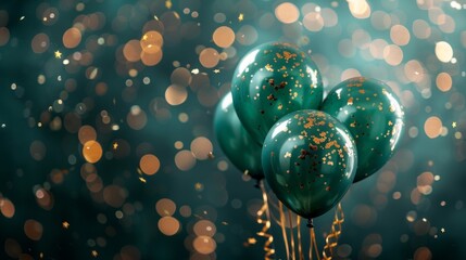 Three glittery balloons against a backdrop of festive lights — perfect for cards, invitations, and holiday decorations.