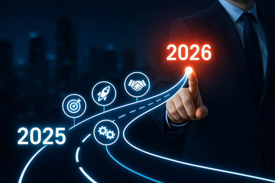 A businessman pointing to the year 2026 at the end of a glowing road with icons for target, rocket, handshake, and gears, representing a future business roadmap and strategy