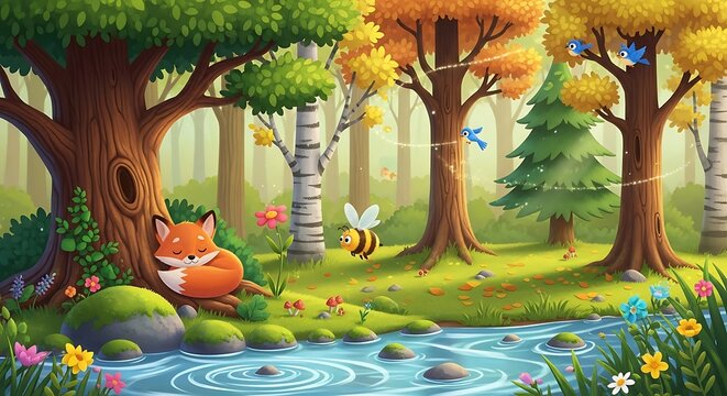 A charming fox rests peacefully by a babbling brook in a vibrant autumnal forest, surrounded by colorful flowers and playful birds.