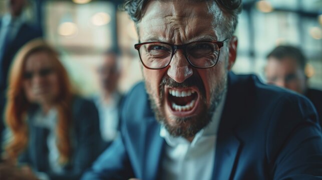 An angry man wearing glasses and a suit yells at a meeting, surrounded by colleagues — useful for articles about workplace conflicts, stress management, and corporate culture.