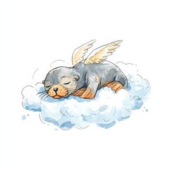 Cute Seal With Angel Wings Sleeping On White Cloud Watercolor Fantasy Illustration Cartoon Marine Animal Vector