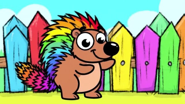 A charming cartoon hedgehog with vibrant rainbow quills stands playfully in a whimsical outdoor setting, featuring a cheerful multicolored wooden fence.