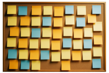 Colorful sticky notes in yellow, blue, and orange neatly arranged on corkboard background, concept of planning or reminder organization. Ai generative