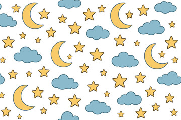 Cute night sky seamless pattern with moon, stars, clouds. Kids bedtime theme background. Baby nursery simple drawing. Childish cartoon vector for children's textile, pajamas.