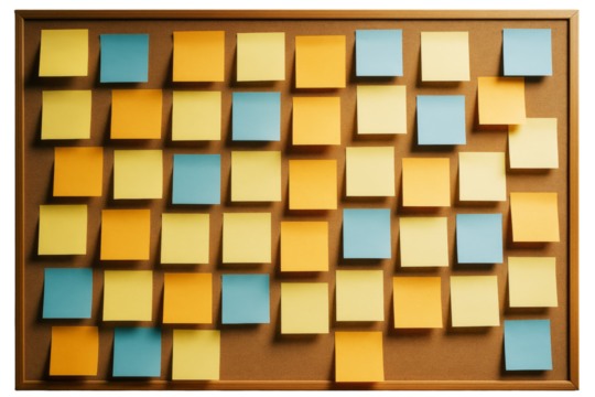 Colorful sticky notes in yellow, blue, and orange neatly arranged on corkboard background, concept of planning or reminder organization. Ai generative