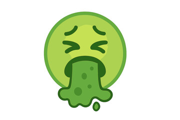 Sick green emoticon vomiting. Vector emoji icon with disease, virus or stomach ache. Nauseous face puke illustration. Disgusted character concept for food poisoning or illness.
