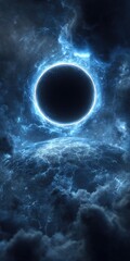 A dark celestial body, ringed with vibrant blue energy, hovers above a stormy, cloud-covered landscape. The scene is dark and moody, with shades of blue and black dominating the image