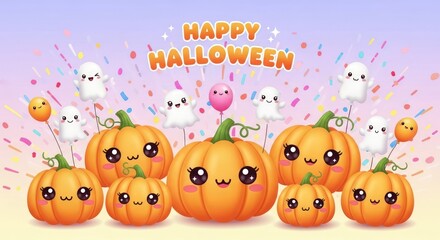 Fototapeta premium Delightful Halloween celebration featuring charming pumpkin characters and playful ghosts, perfect for festive invitations and cheerful holiday greetings