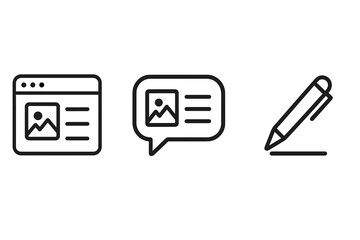 Fototapeta premium Blogging and content creation vector icon set. Web page with article, blog post, writer pen symbol. Speech bubble for comment. Vector illustration for UI design, website, app.