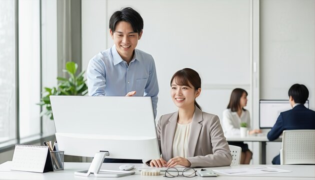 PC画面を見ながら部下に指示を出す上司