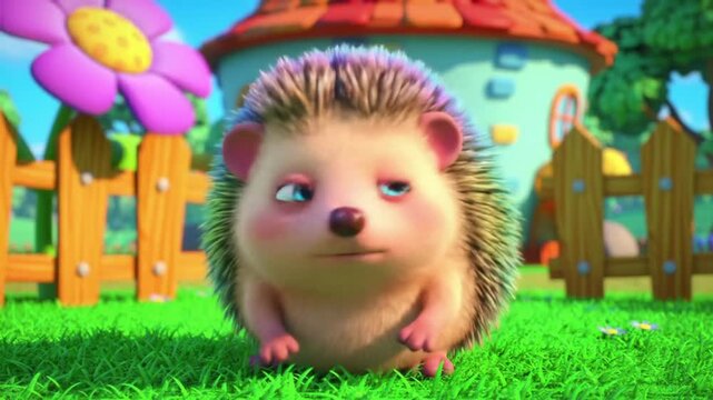 A charming cartoon hedgehog with a slightly sleepy expression sits on vibrant green grass in a whimsical, colorful garden scene.