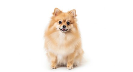 Obraz premium Small Pomeranian Dog Sitting Bright White Background Happy Expression