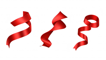 A collection of three elegant red ribbons displayed on a clean white background. various shapes and curves. ideal for festive decorations or gift wrapping