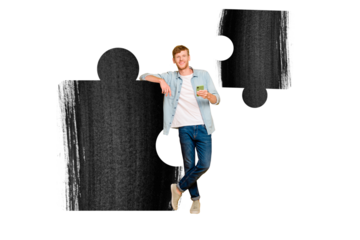 Trend artwork image collage of huge dilemma solve jigsaw solution startup miniature young man stand hand hold smartphone puzzle piece