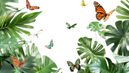 A arrangement of tropical leaves and colorful butterflies. the beauty of nature in a serene environment. perfect for backgrounds or nature-themed projects