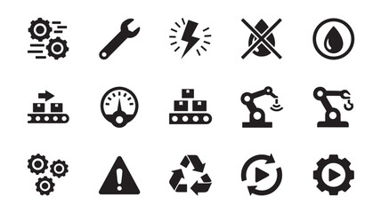 Set of manufacturing process icons simple black glyph vector symbols for industrial automation and engineering isolated on white background