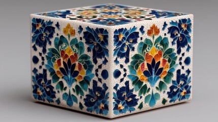 Ornate ceramic cube with intricate floral patterns in vibrant colors on a neutral background