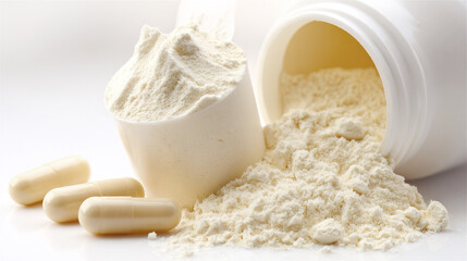 Protein powder spilling from a container with a scoop and nutrition capsules on a white background, representing fitness, bodybuilding, and health supplements