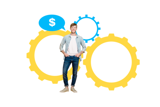 Creative collage young man entrepreneur dollar finance economy earnings cogwheel gears currency rich  wealthy progress setting