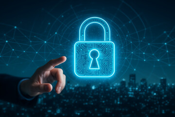 Businessman hand reaching to a large neon glowing digital padlock icon with circuit board pattern over a dark cityscape symbolizing cyber security and protection