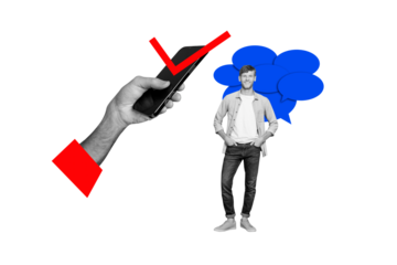 Composite photo collage of happy man stand approval checkmark online vote hand hold phone bubble message isolated on painted background