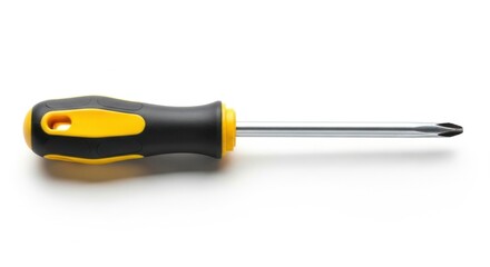 Flat Head Screwdriver with Black and Yellow Handle on White Background