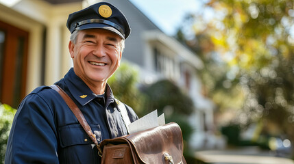 A friendly mail carrier in a traditional uniform delivering letters from a leather satchel in suburban neighborhood