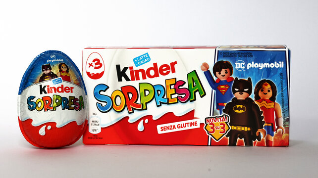 Italy &ndash; September 29, 2025: Kinder Surprise eggs by Ferrero, 2025 edition featuring DC Playmobil Superhero characters 