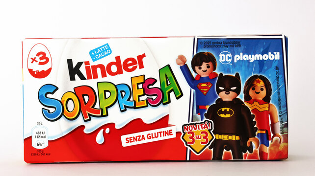 Italy &ndash; September 29, 2025: Kinder Surprise eggs by Ferrero, 2025 edition featuring DC Playmobil Superhero characters 
