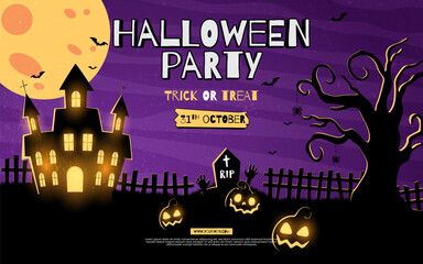 Happy Halloween background design. Vector banner, poster, card, content for social media, halloween festival for decoration with spooky ghost, pumpkin, moon, castle, tree. 31st October