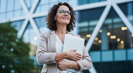 Confident business woman holding a laptop computer outdoors near a modern office building with a hopeful expression on her face