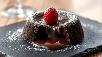 Gourmet chocolate lava cake with a molten center and fresh raspberry garnish on a slate plate.