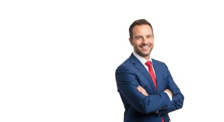 Confident Businessman Wearing Blue Suit Red Tie Smiling in White Background