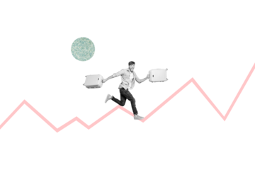 Creative collage young man run go step luggage valise suitcases departure tickets booking vacation traveler tourism drawing background