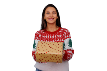 Woman presenting a festive christmas gift, wearing a patterned red and white holiday sweater on a transparent background