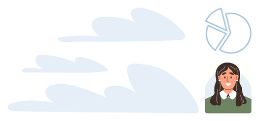 Smiling woman alongside pie chart and abstract cloud shapes. Ideal for problem-solving, data insights, teamwork, decision-making, creativity, strategic thinking, and digital transformation. Simple