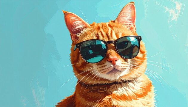 Close-up of orange tabby cat wearing black sunglasses against solid light blue background. Calm expression and stylish eyewear create humorous, anthropomorphic, and fashionable visual appeal. - Powered by Adobe