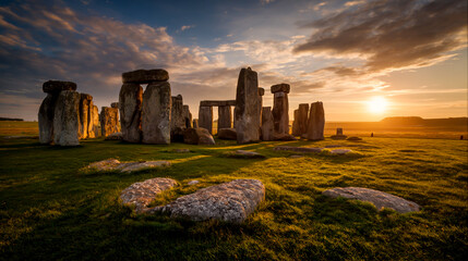 Photo of Stonehenge in England, golden hour lighting, beautiful sky