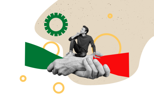 Composite trend artwork sketch image 3D photo collage of cogwheel cooperation unity hand hold together miniature business man sit think - Powered by Adobe