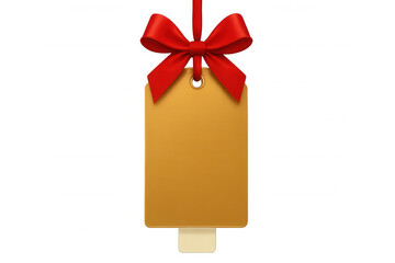 Blank gift tag with red ribbon and bow, hanging label for sale, price, or decorative message, transparent background