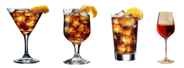 Collection of refreshing cocktails with tropical fruits, garnished with mint and citrus, PNG, isolated on transparent background.