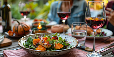 warm pumpkin salad with red wine on autumn table