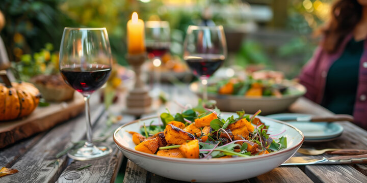 warm pumpkin salad with red wine on autumn table - Powered by Adobe