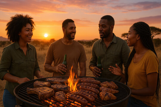 Gathering Around the Grill: A diverse group of friends shares laughter and conversation while grilling a delicious meal outdoors during a beautiful sunset. 
