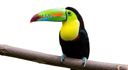 Fototapeta premium Colorful Toucan Bird Perched on Wooden Branch in White Background