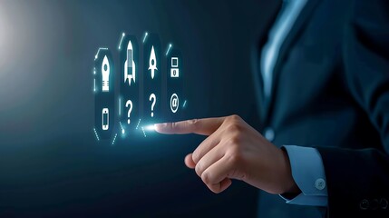 Businessman Touching Innovative Technology Icons with a Futuristic Interface in a Modern Office Environment